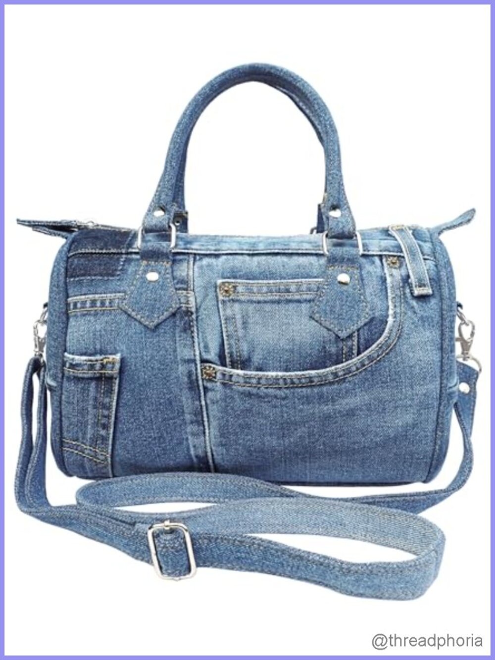 Handmade Upcycled Denim Compact Crossbody Handbag Top Handle Satchel